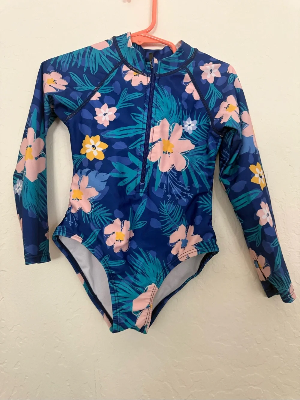 Girls' Navy Floral Long-Sleeve Rash Guard Swimsuit